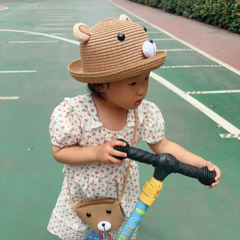 Viseira de proteção solar ao ar livre infantil, chapéu de pescador simples dos desenhos animados, palha artesanal, cor sólida, moda verão