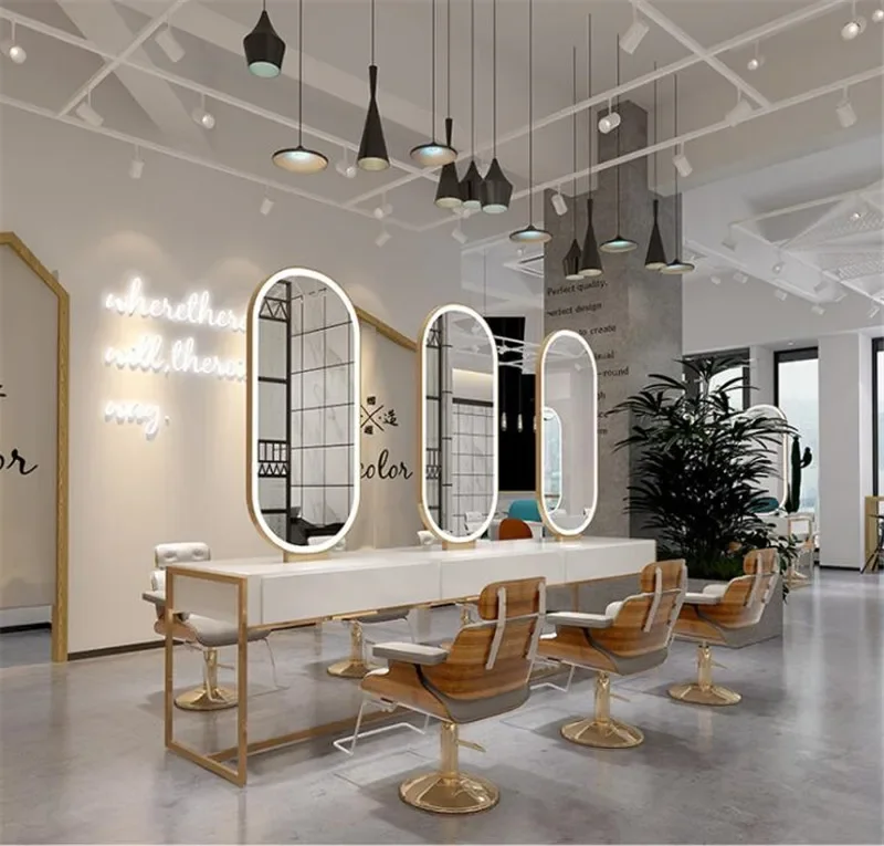 New Style with Lamp Net Celebrity Barber Shop Mirror Stand,Hair Salon Special Wall Floor Single Double Sided Hair Cutting Mirror