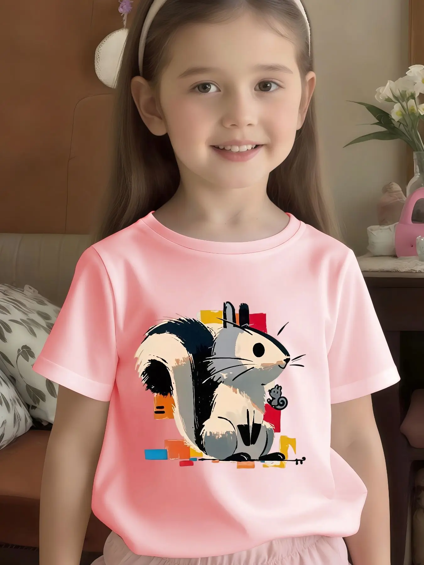 Cute Graffiti Squirrel Print Kids Tee Boys Girls Parent Matching Short Sleeve Soft Breathable Summer Skin Friendly Kid Basic Tee
