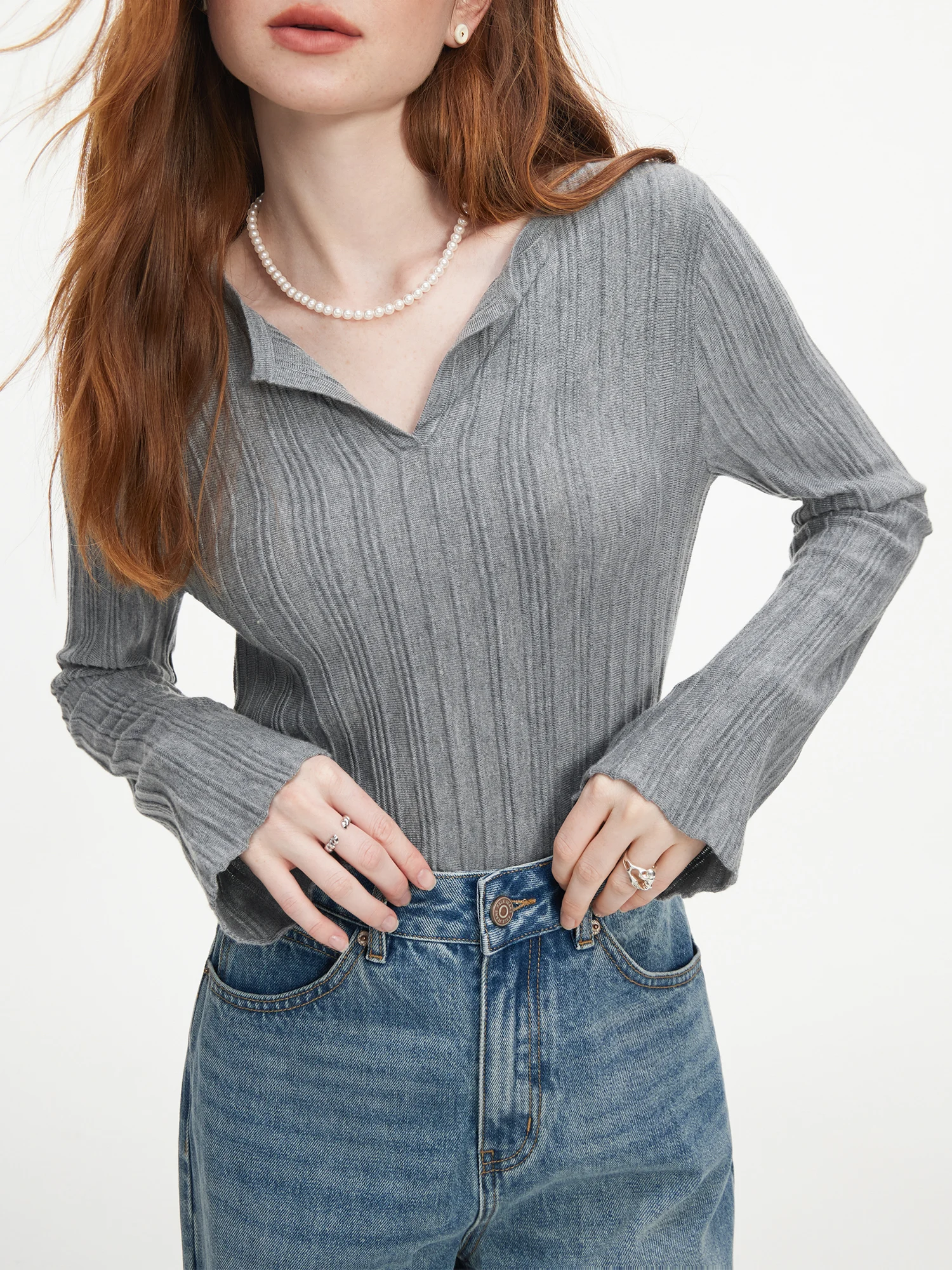 FSLE-Pull à col en V avec tricots en laine texturée pour femme, pull avec un nouveau design à manches évasées, automne 2024, 24FS13