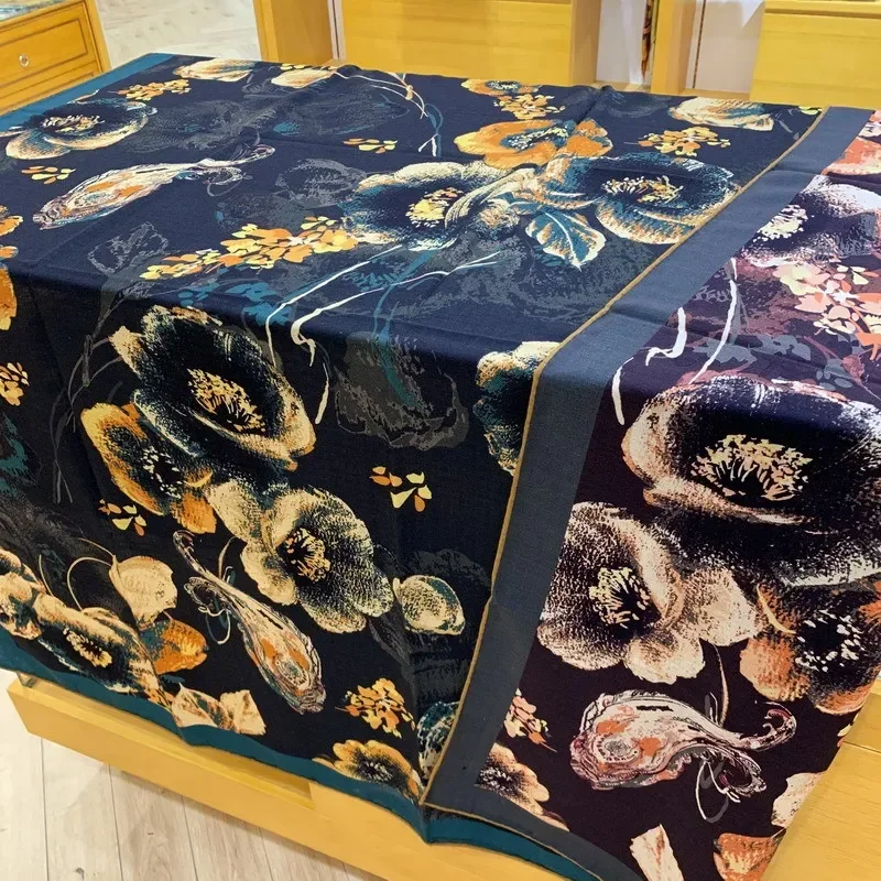 

High-end Elegant Women's Exquisite Flying Floral Double-sided Print Quality Silk Wool Hand-rolled Edge Large Square Scarf Shawls