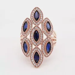 585 Purple Gold Classic Sapphire Rings for Women Plated 14K Rose Gold Blue Gem Horse-eye Pointed Engagement Ring Fine Jewelry