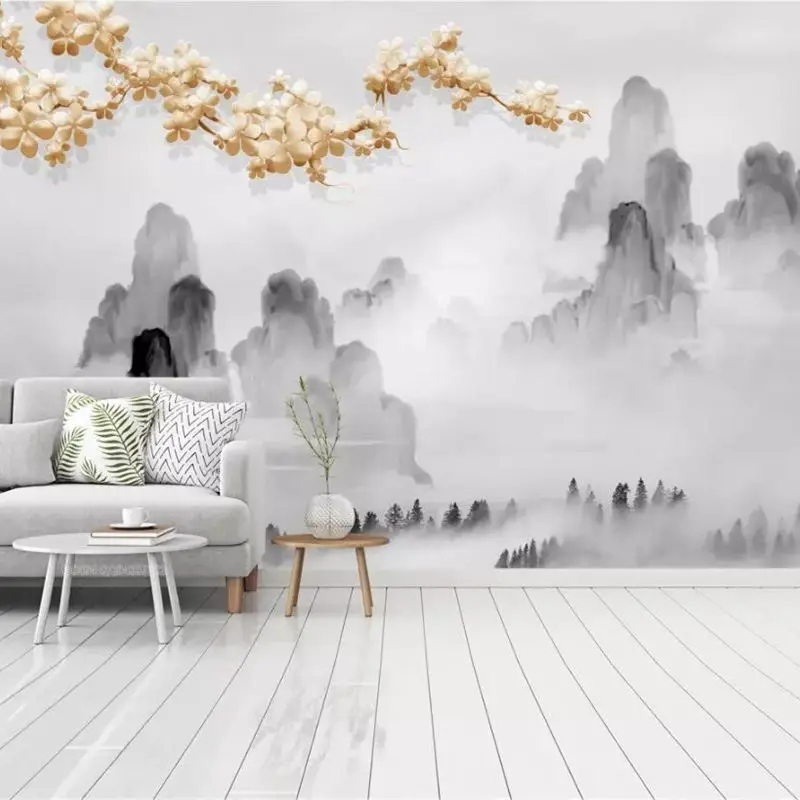 beibehang Custom wallpaper 3d mural High-grade atmosphere new Chinese classical ink landscape golden sofa background wall paper