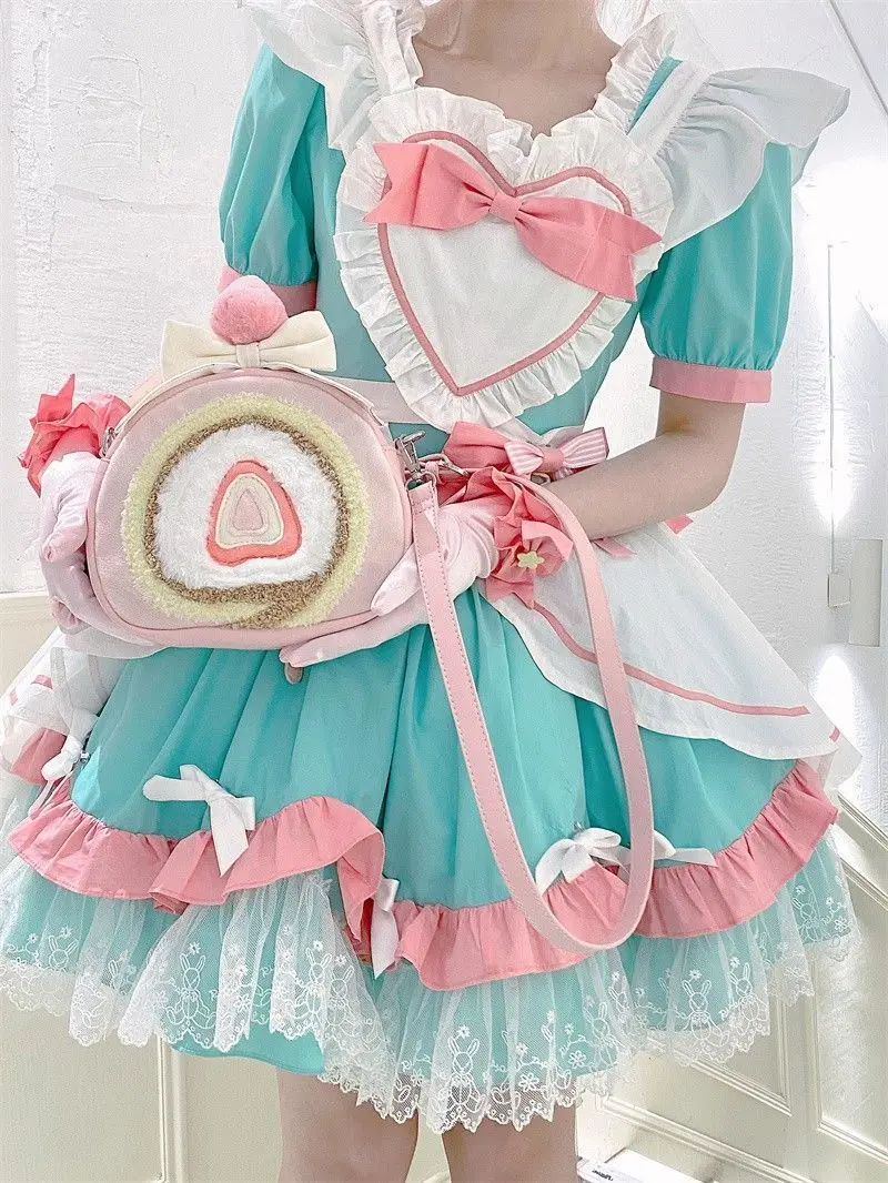 Japanese Plush Strawberry Egg Roll Women's Crossbody Bags Lolita Bag Sweet Cute Backpack Girl Large Capacity Bow Backpack female