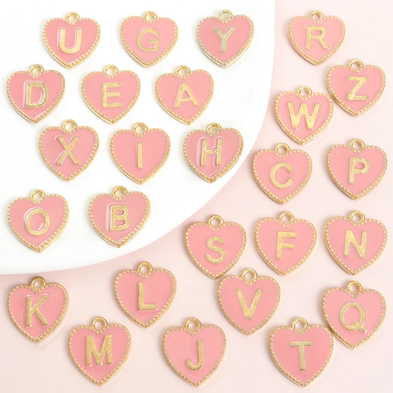 26pcs English Initial Letters Pink Heart Enamel Charms for DIY Necklace Bracelet Earrings&More - Valentine's Day Birthday Gifts