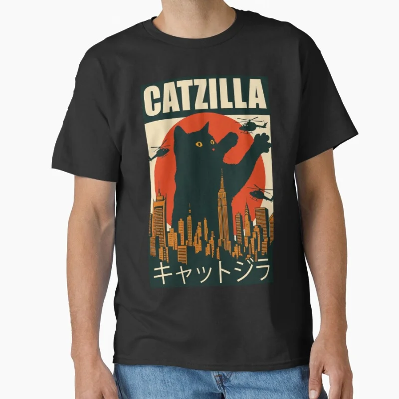

Catzilla Funny Cat Parody King of the meowsters Vintage Monster Anime movie cat lover gift T shirt 100% cotton Large size Tops