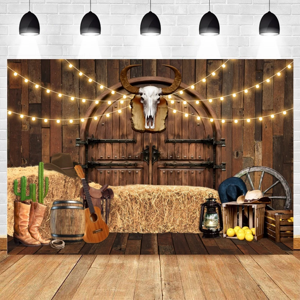 Western Cowboy Backdrop for Birthday Party Wild West Rustic Farm Barn Wooden House Kids Baby Portrait Photography Background