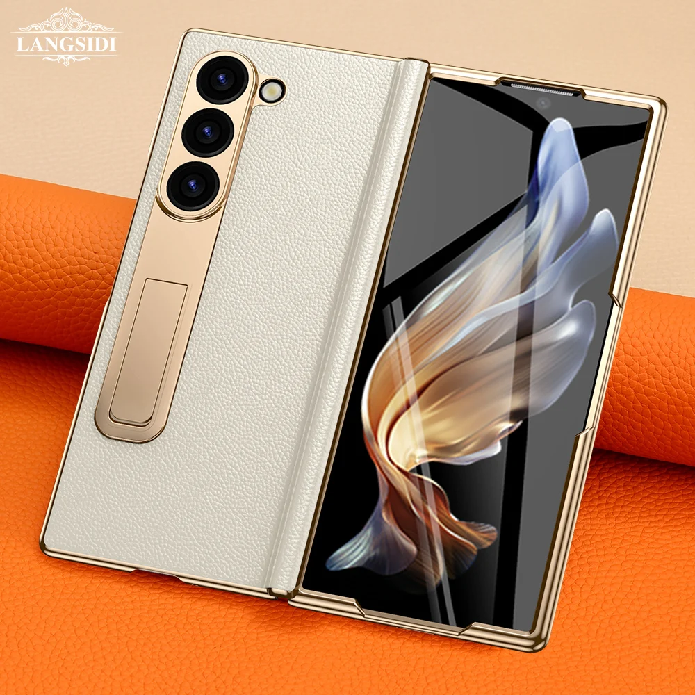 

Leather Phone Case for Samsung Galaxy Z Fold 7 6 5 4 3 Fold6 Fold7 Gold Plating Magnetic Hinge Stand Back Cover with Mirror Film