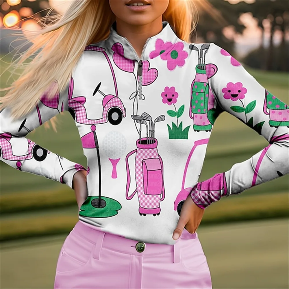 Women\'s Polo Shirt Funny Golf Shirt Breathable Quick Dry Moisture Wicking Long Sleeve Golf Apparel Regular Fit Zipper Stand