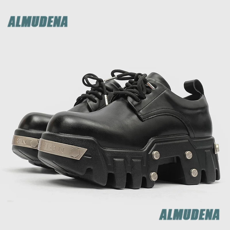 Black Chunky Gear Platform Derby Shoes Punk Rivet Decor Lace Up Height Increasing Casual Shoes for Men Trendy Men's Shoes
