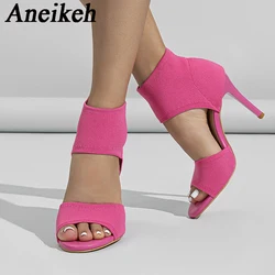 Aneikeh Sexy summer High heeled knitted elastic Roman boots sandals slim heeled outdoor sandals sizes 35-42 Dress Banquet Shoes