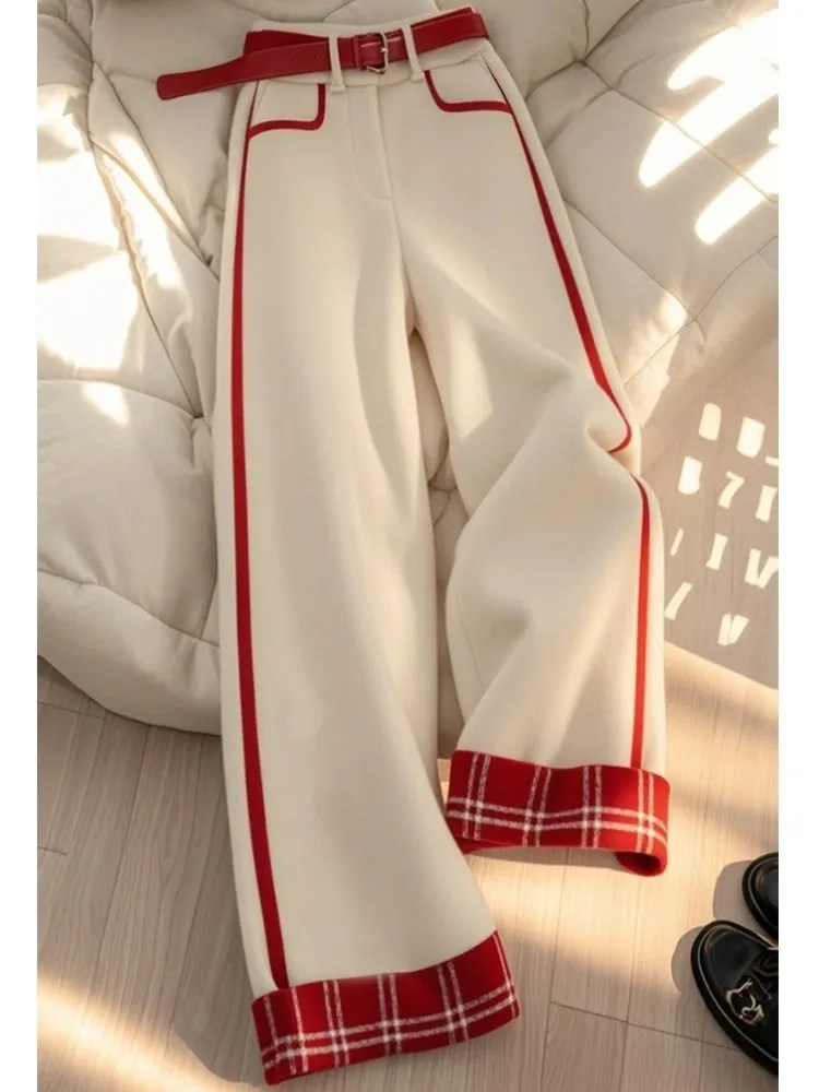 High Waist Straight Leg Casual Pants Women's Winter Small Size Plaid Splicing Loose Fit Wide Leg Long Trousers Commute Style