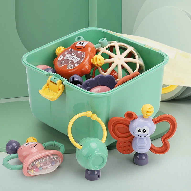 10Pcs Baby Rattles Toys with Storage Box Hand Jingle Shaking Bell Rattle Sensory Toy Newborn Baby Teethers Girl Boy Gifts Set