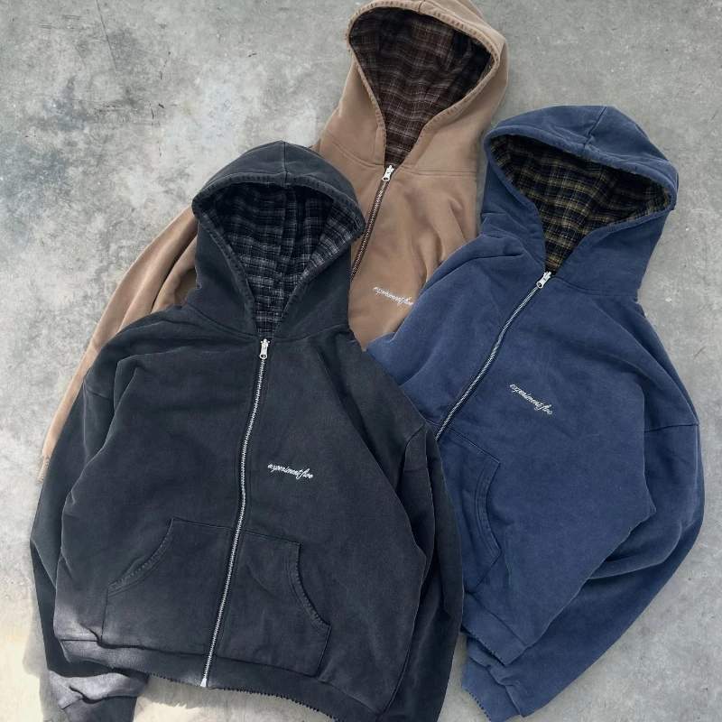 Grenzüberschreitender, trendiger, lässiger, karierter, wendbarer, gewaschener Cardigan-Hoodie-Pullover im amerikanischen Stil für Herbst und Winter