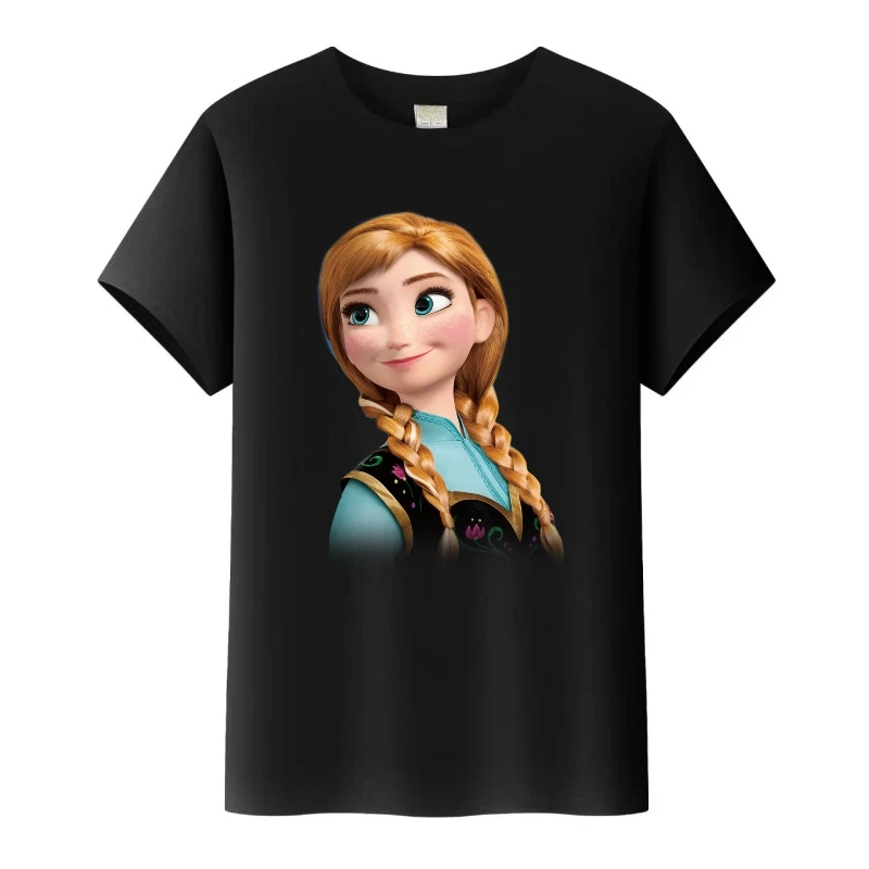 ديزني فروزن آنا الجرافيك تيز امرأة التي شيرت الأسرة البلوزات الأطفال س الرقبة تي شيرت الفتيات ملابس قصيرة الأكمام أسود فضفاض القمم #1