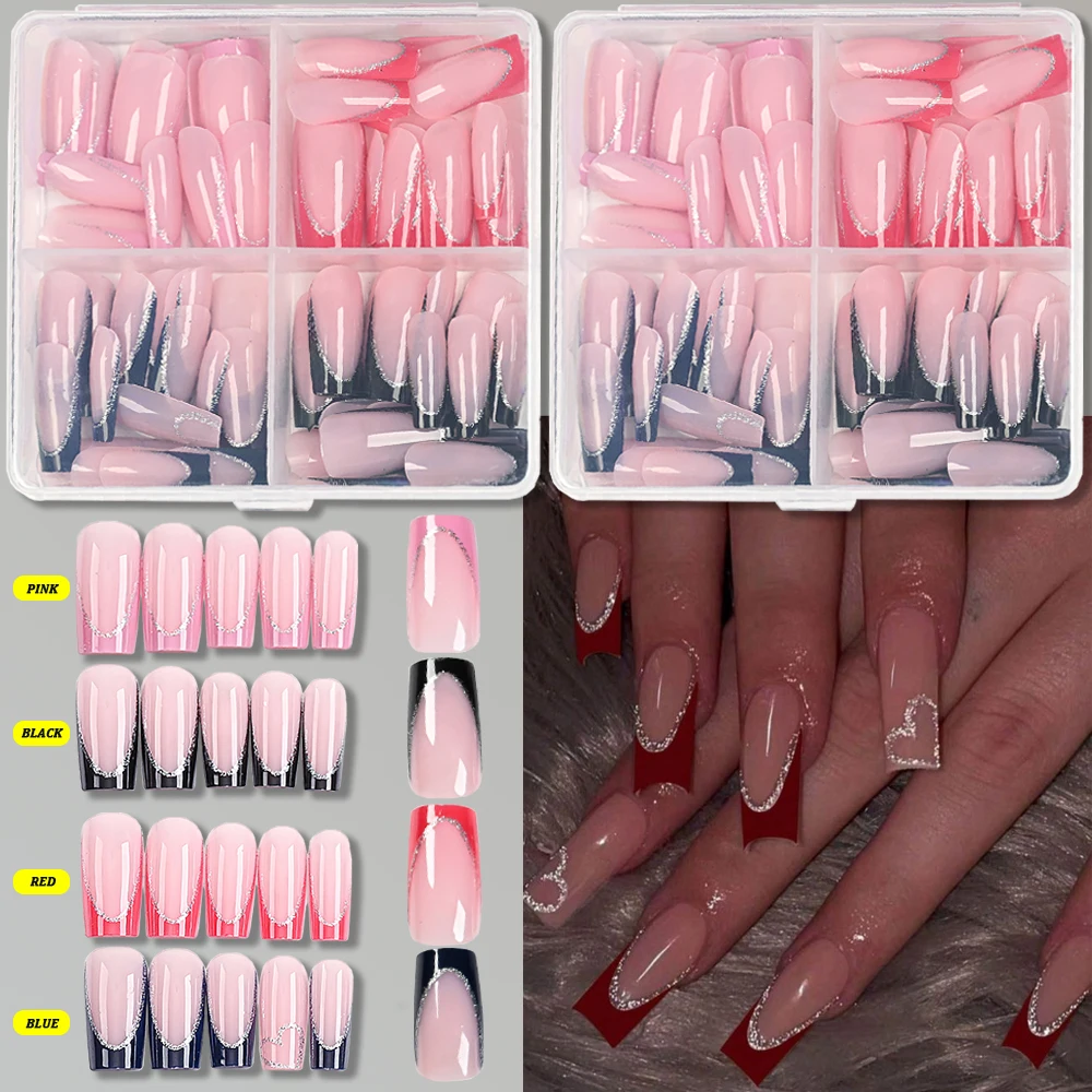 96 قطعة/صندوق 4 ألوان الفرنسية وهمية مسمار منتصف التابوت أسود أحمر الفرنسية الفضة بريق تصميم اضغط على الأظافر كاذبة مختلطة غطاء كامل الأظافر