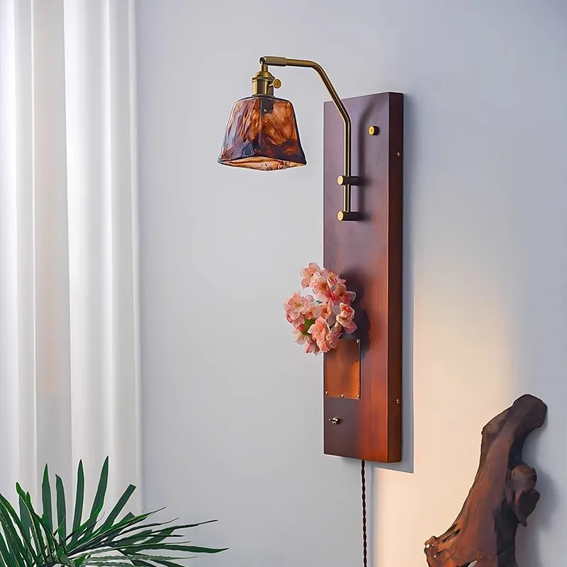 

Wireless Rechargeable LED Wall Light Japanese Vintage Wabi Sabi Solid Wood Bedroom Bedside Corridor Hallway Decor Novelty