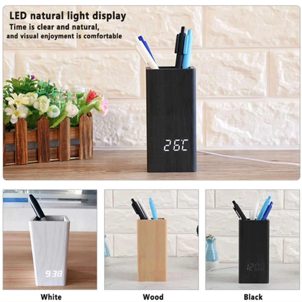 Gfc-Creative ผู้ถือปากกานาฬิกา LED นาฬิกาอิเล็กทรอนิกส์เดสก์ท็อปผู้ถือปากกาเครื่องเขียนนักเรียนควบคุมเสียงนาฬิกาอิเล็กทรอนิกส์ B