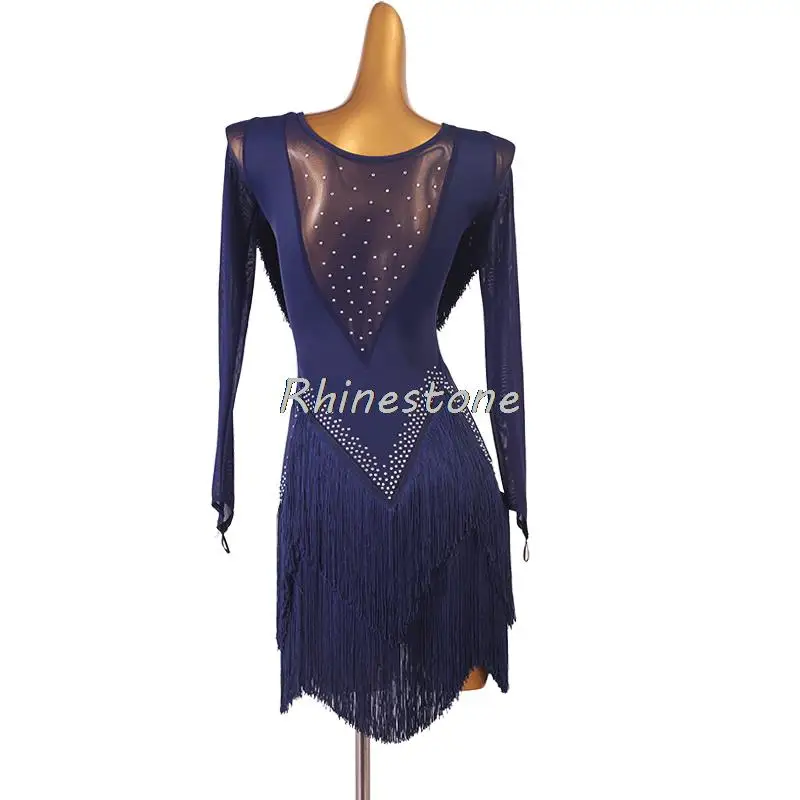 Slim V-neck Latin Dress With Tassel Style Performance Competition Suit Professional Denim Bullfighting Team Dance New Product