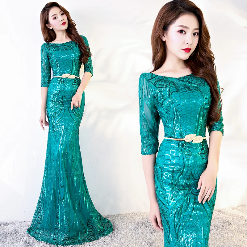 

Elegant Long Evening Gown Shoulder Bared mid Sleeve Wine Toasting Slimming Fish Tail Dress for Women Fashionable Mesh Fabric