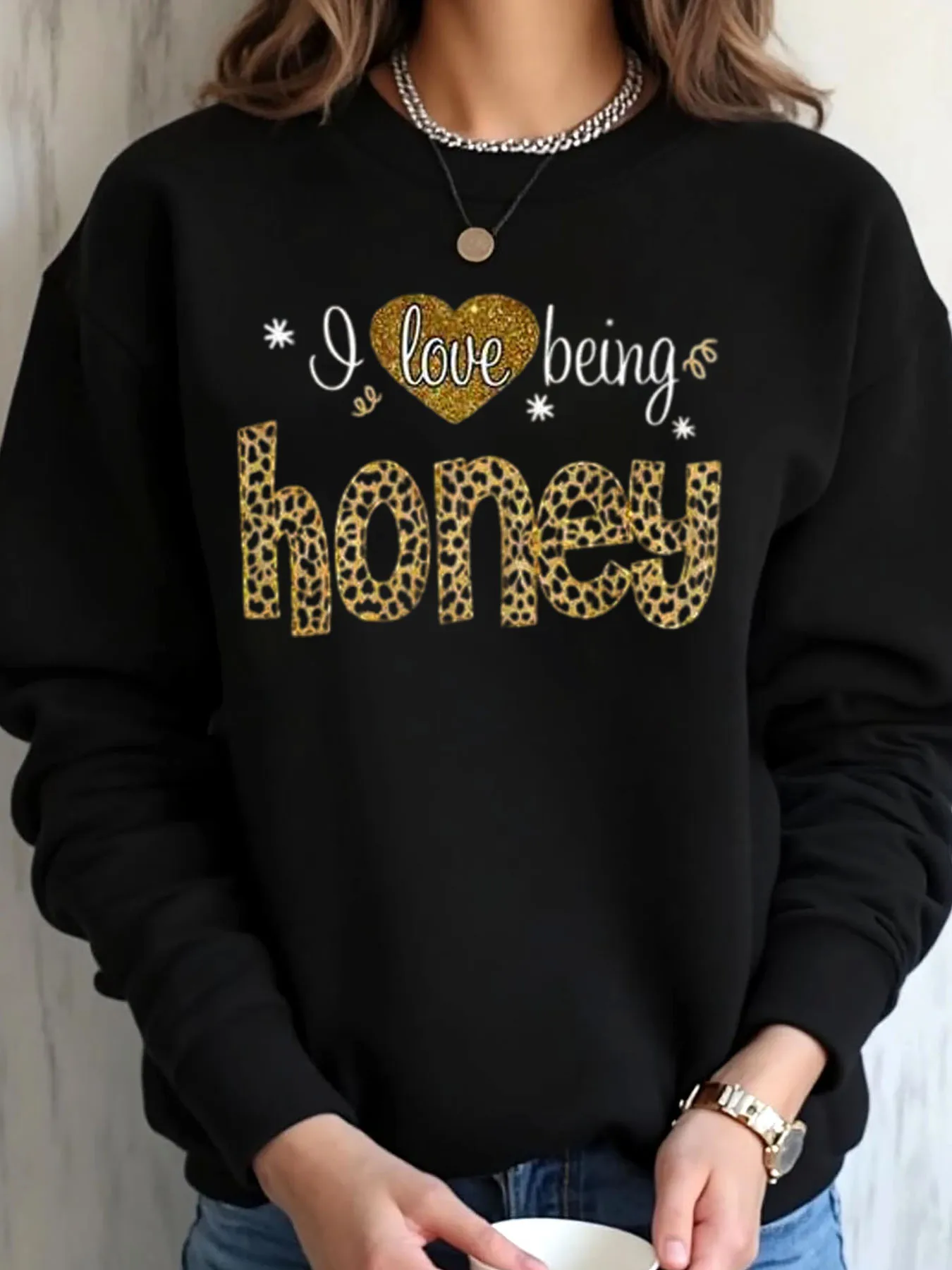 

Женская толстовка большого размера на день Святого Валентина «Я люблю мед» с леопардовым принтом, верхняя одежда