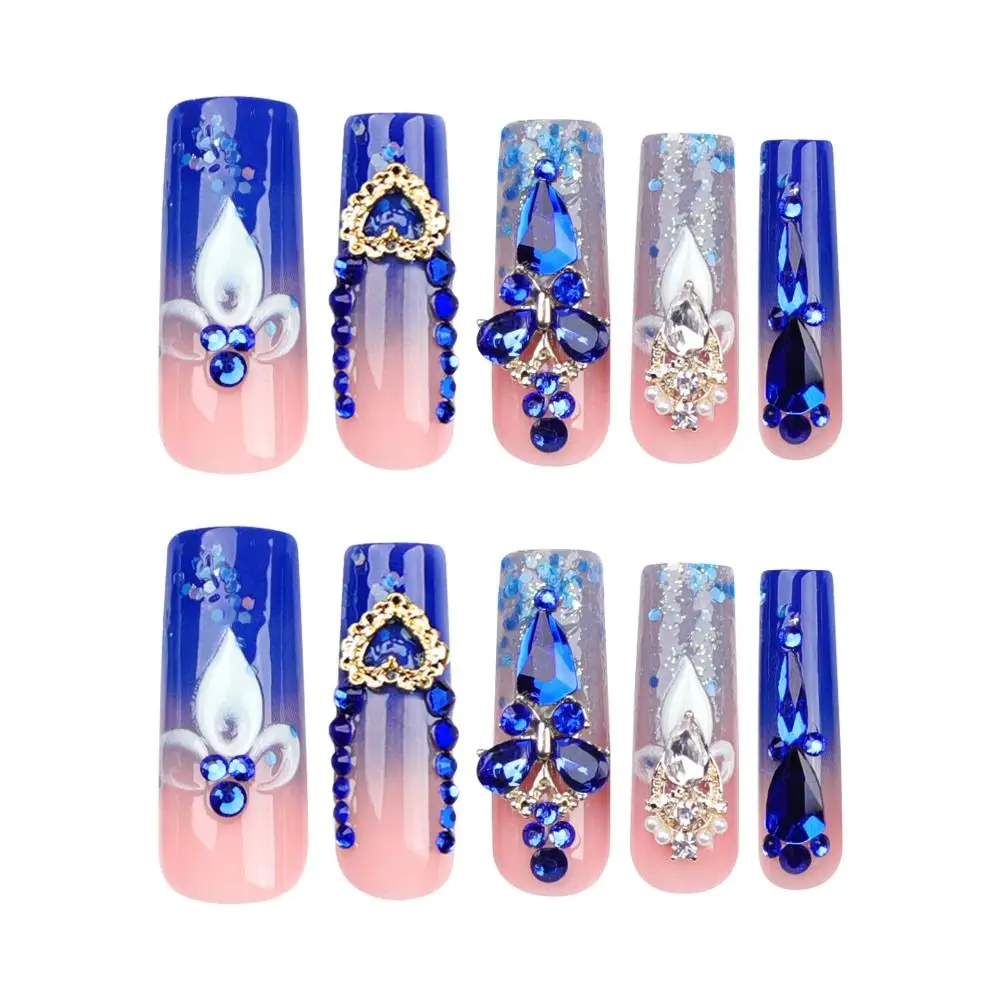 Long False Nails New French Blue Purple Gradient Fake Nails Detachable Water Pipe Nail Tips Women Girls