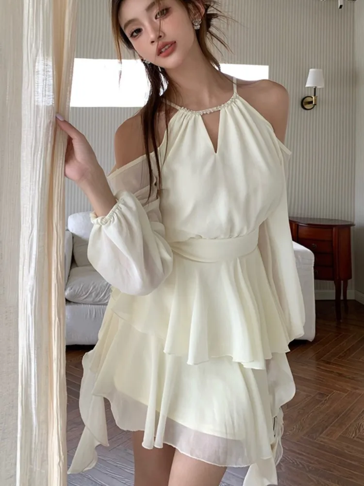 

Summer Fairy Elegant Fashion Mini Dresses For Women's New Off Shoulder Sling Halter Tassel Party Dress French Hollow Vestidos