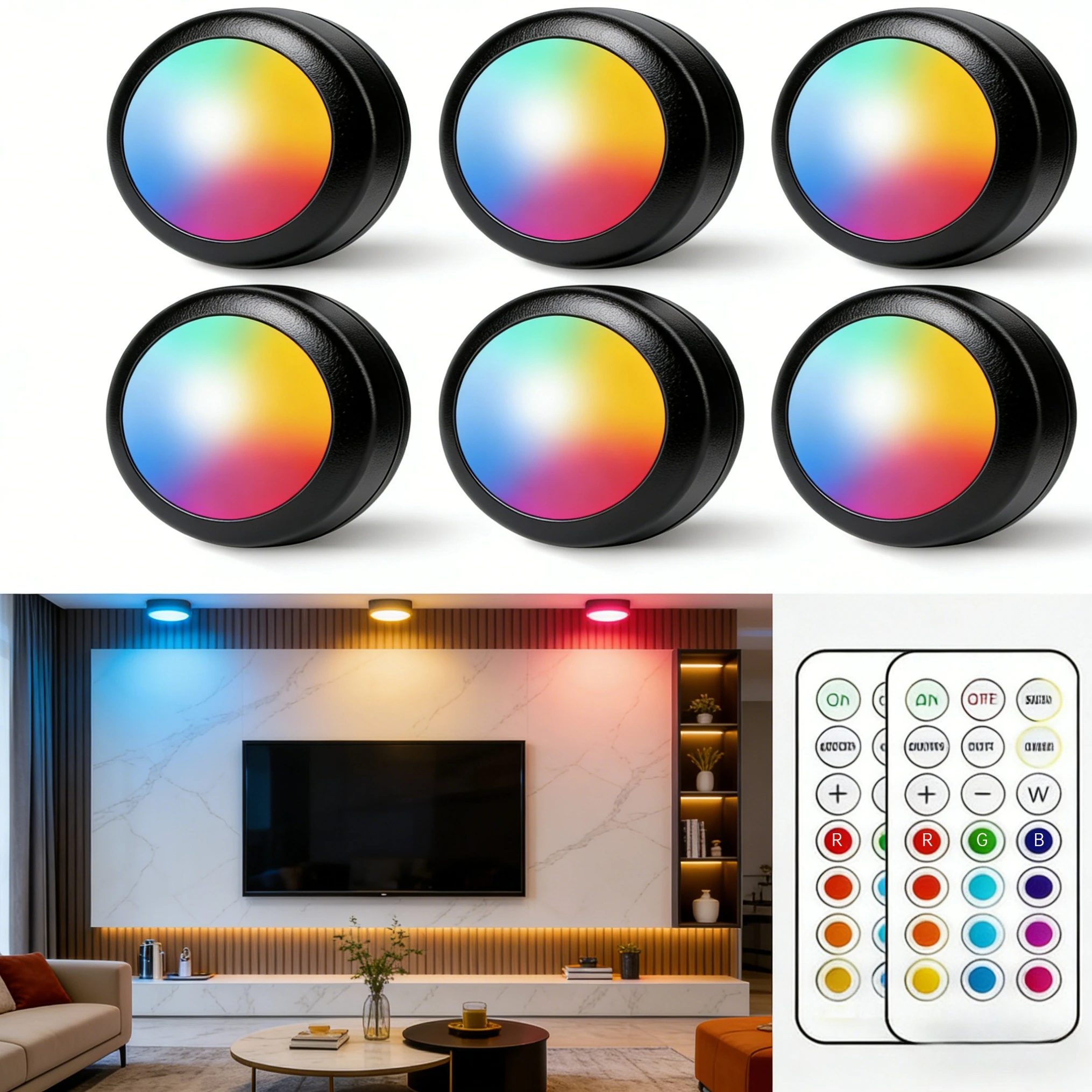 

LED Lights,RGB Puck Night Lights with Remote,13Color Dimmable,Magnetic Stick-on Under Cabinet Lighting for Kitchen Counter Decor