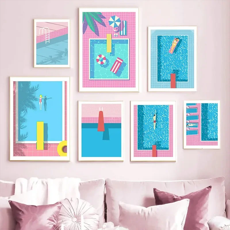 1pc frameless canvas painting Nordic Blue Swim Pool Party Art Poster Print Woman Leisure Life Vacation Diving Canvas Painting