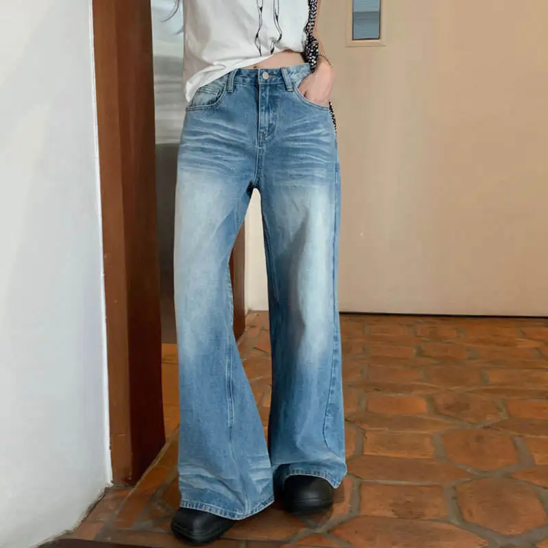 

Женские джинсы с высокой талией, свободного кроя, из денима, синие, с узором AB, летние, прямые, длинные брюки