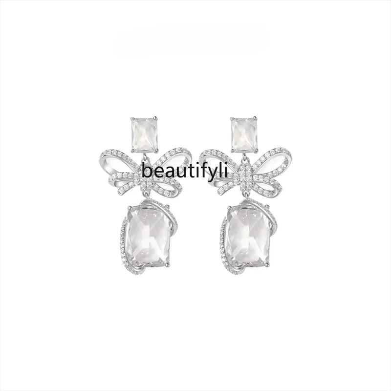 yj Bow Square Stud Earrings Light Luxury High-Grade Unique Earrings Graceful Earrings Accessories