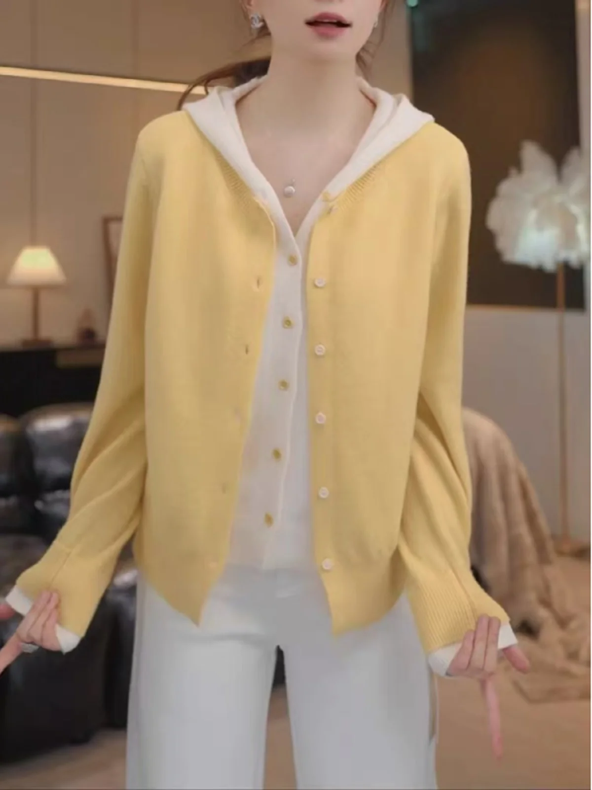 

Новый женский вязаный кардиган с капюшоном в стиле Color Block, весенний, больших размеров, универсальный, в корейском стиле, для создания многослойного образа