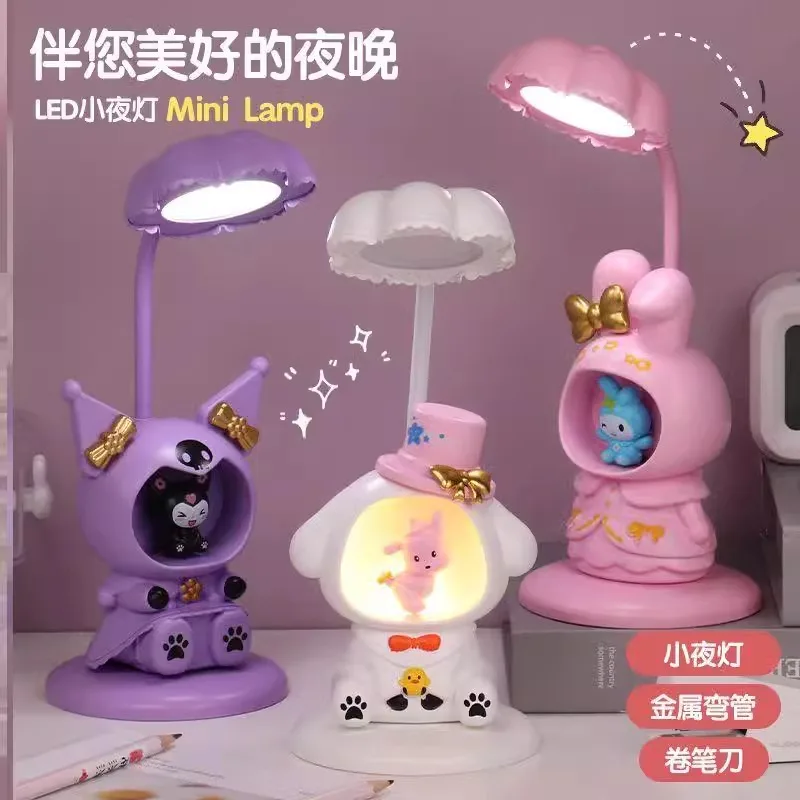 Lampe de table de protection des yeux pliante My Melody, lampe de dessin animé Kawaii Kuromi, Sanurgente Anime, veilleuse de chevet de chambre à coucher, cœur girly mignon