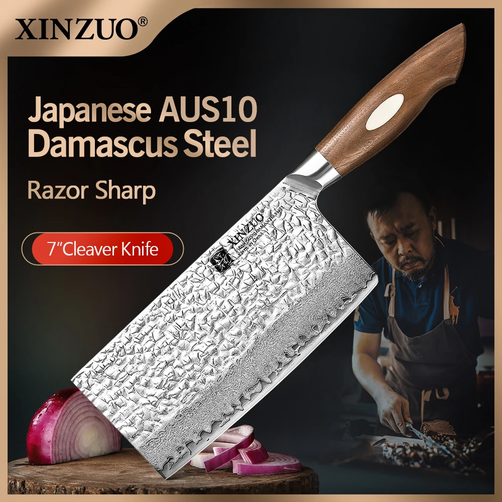 XINZUO 7\'\' Cleaver Meat Knife with Black Walnut Handle Stainless Steel Japanese AUS10 Damascus Cooking Tools Cleaver Best Gift