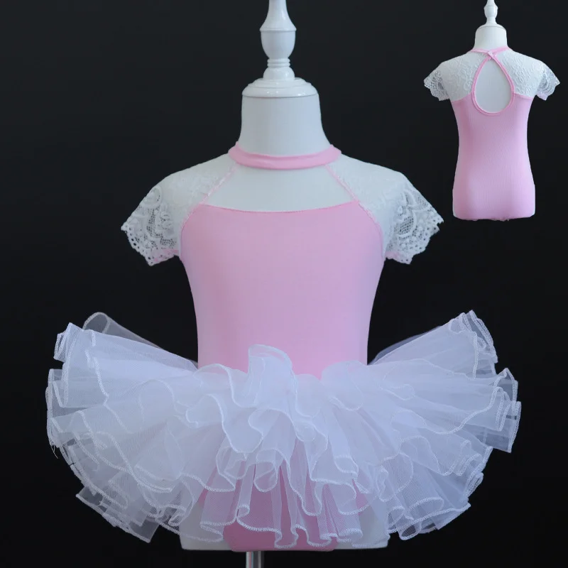 Vestido de manga curta infantil para dança, vestido prático para meninas, renda, verão, J029