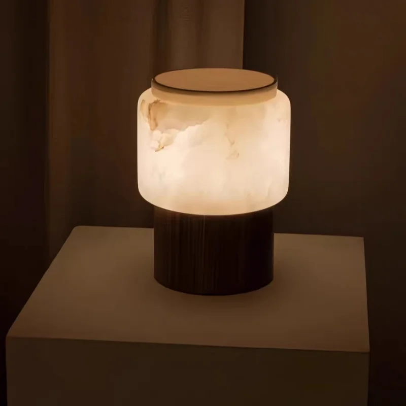 Natural Alabaster Table Lamp with Solid Walnut Base, Handmade Stone Bedside Lamp for Bedroom, Wabi Sabi Home Decor Accent Light