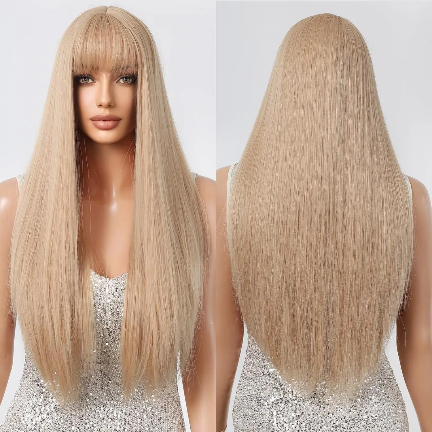 Blonde Wig Women Long Straight Bangs Natural Synthetic Fiber Synthetic Hair Fashion Ladies Daily Party Use Heat Resistant