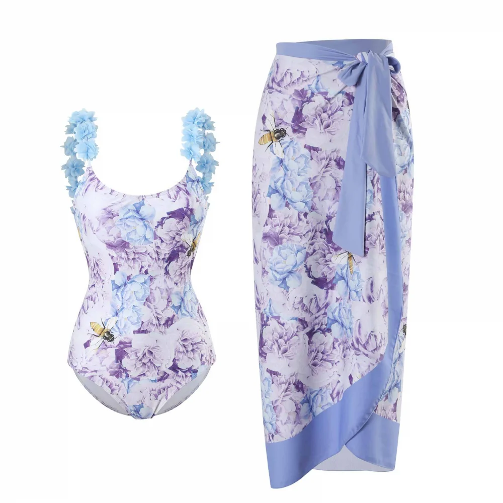 Traje de baño de una pieza con falda envolvente para mujer, conjunto de Bikini con estampado Floral y cuello Halter, traje de baño de dos piezas