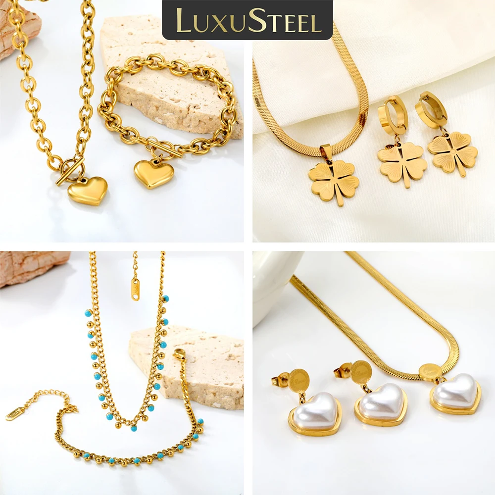 

LUXUSTEEL Imitaiton Pearl Heart Pendants Necklace Earring Sets For Women Stainless Steel Chain Necklace Bracelet Set Jewelry