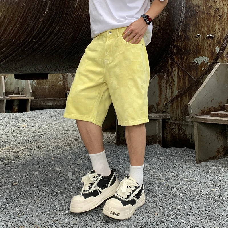 BGC9378-1 Summer tide senior sense of washed yellow jacquard denim shorts men's straight five trousers trend in trousers