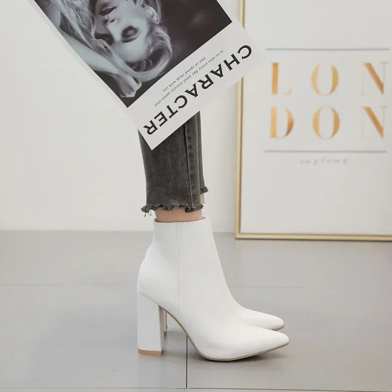 2024 New Autumn Women\'s Short Leather Boots High Heels Winter Woman White Shoes Pointed Thick Heel Women Dress Short Ankle Boot