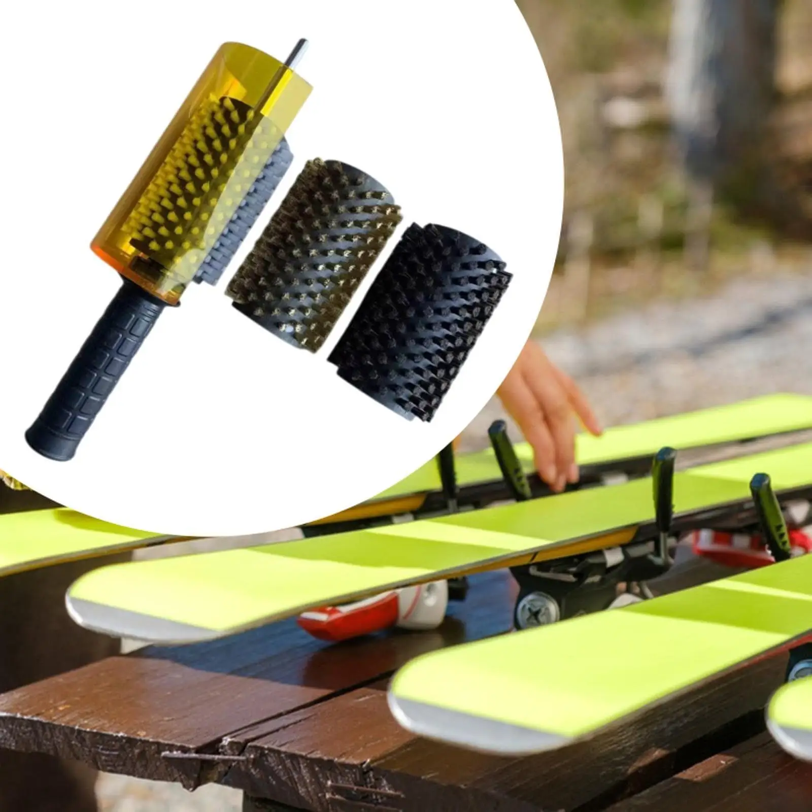 Snowboard Wax Brush Kit with Axle Handle Cover Nylon Brass Horsehair Professional Roller Brush Ski Waxing Brushes Ski Brush Set