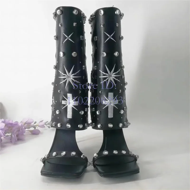 

Cross Embroidery Thin High Heel Boots Square Toe Crystal Buckle Zipper Stiletto Trouser Leg Sandals Women Fashion Shoes 2024