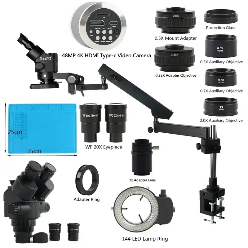 Articulating Arm Pillar Clamp 3.5X-90X Simul Focal Trinocular Stereo Microscope Industrial 48MP 55MP HDMI Type-c PC Video Camera