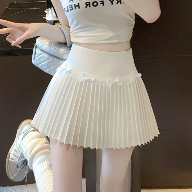 Streetwear Bows Women Mini Skirts Black Summer Solid Korean Fashion Sweet White Pleated Skirt A-line High Waist Faldas Mujer