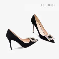 New Black Leather Rhinestone Women Pumps Luxury Women's Shoes 2026 Suede High Heels Shoes Fashion Office Stiletto Party Shoes