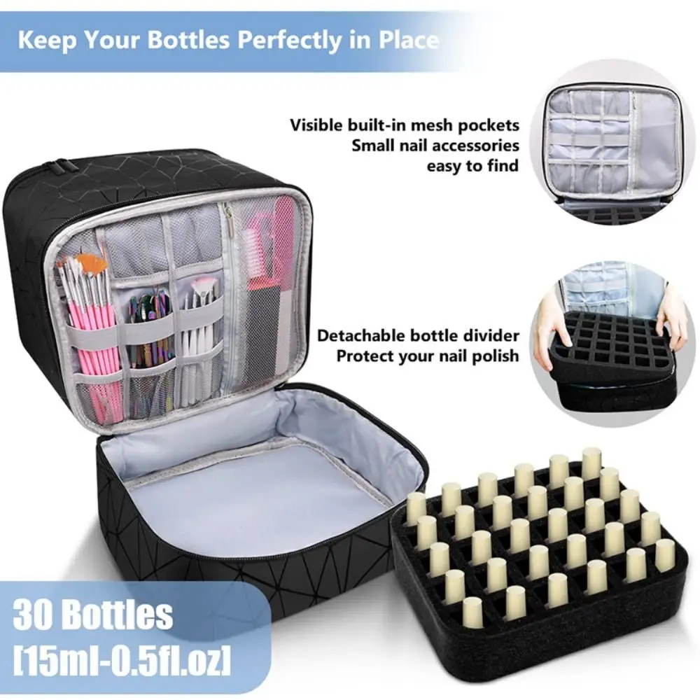 Double Layer Nail Organizer New with Handle PU Nylon Manicure Bag 30 Grids Handbag Cosmetic Organizer Bag Nail Polish Gel