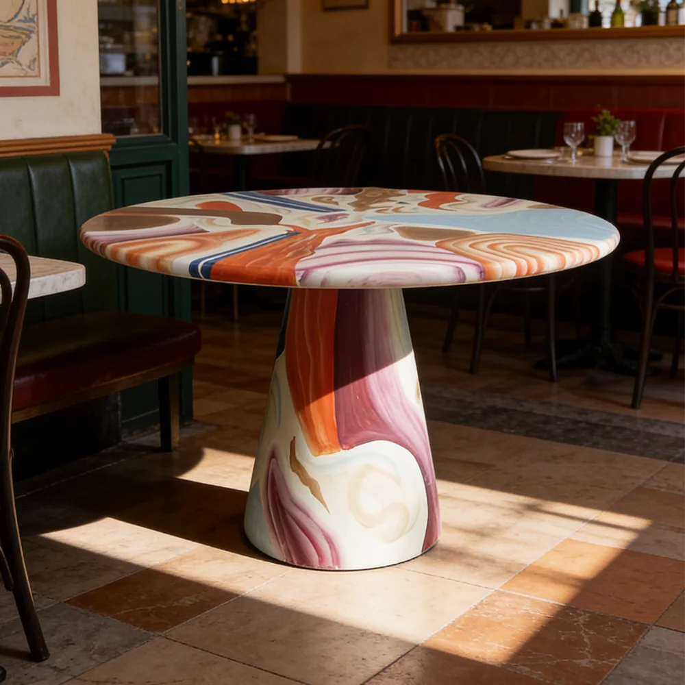 

mnLuxury Round Dining Table Modern Colorful Swirl Pattern Art Marble Top Conical Pedestal Base Restaurant Furniture*
