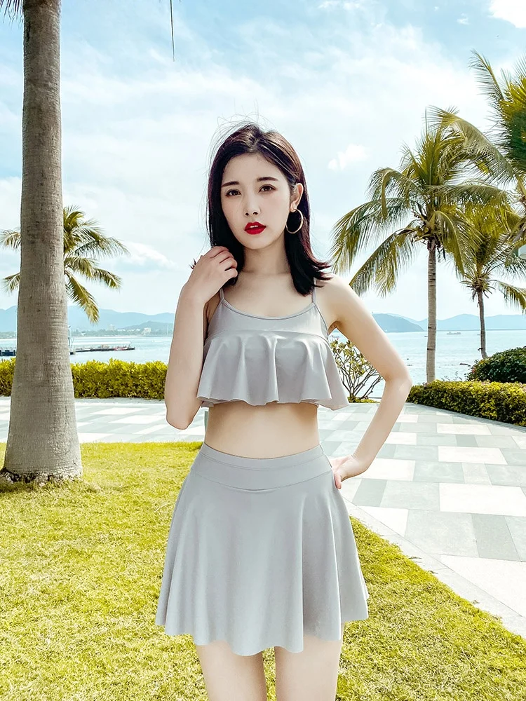 

Grey Sports Swimsuit Women's One-Piece High-Waist Brief Elastic Nylon Fabric Dance Jumping Skirt Style Swimming Suit
