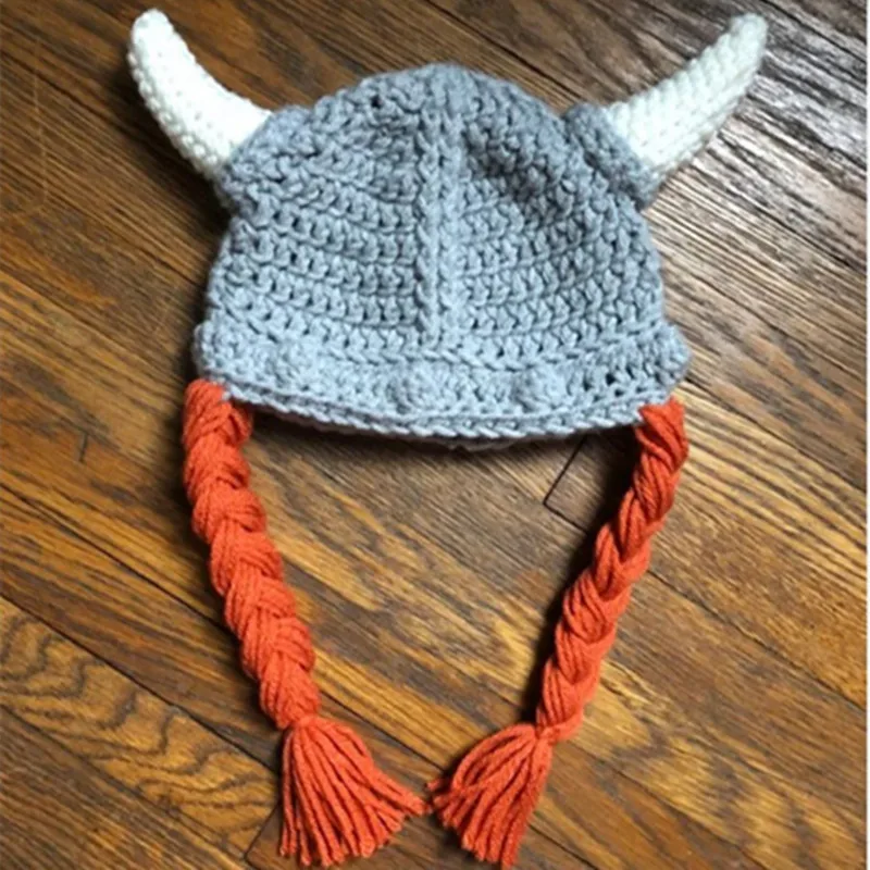 Autumn Winter Vikings Beanies Eyes Women Skullies Horn Handmade Knitted Winter Hat Warm Halloween Beanies Solid Men Caps Bonnets